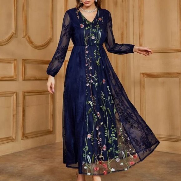 Floral Embroidery Lantern Sleeve Mesh Prom